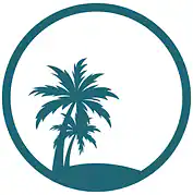 A simple teal silhouette of two palm trees on a small mound, enclosed within a teal circle on a white background, ideal for representing a Property Owners Association.